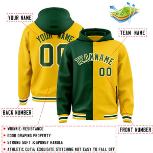 Custom Green Gold Split Fashion Varsity Full-Snap Letterman Two Tone Hoodie Jacket