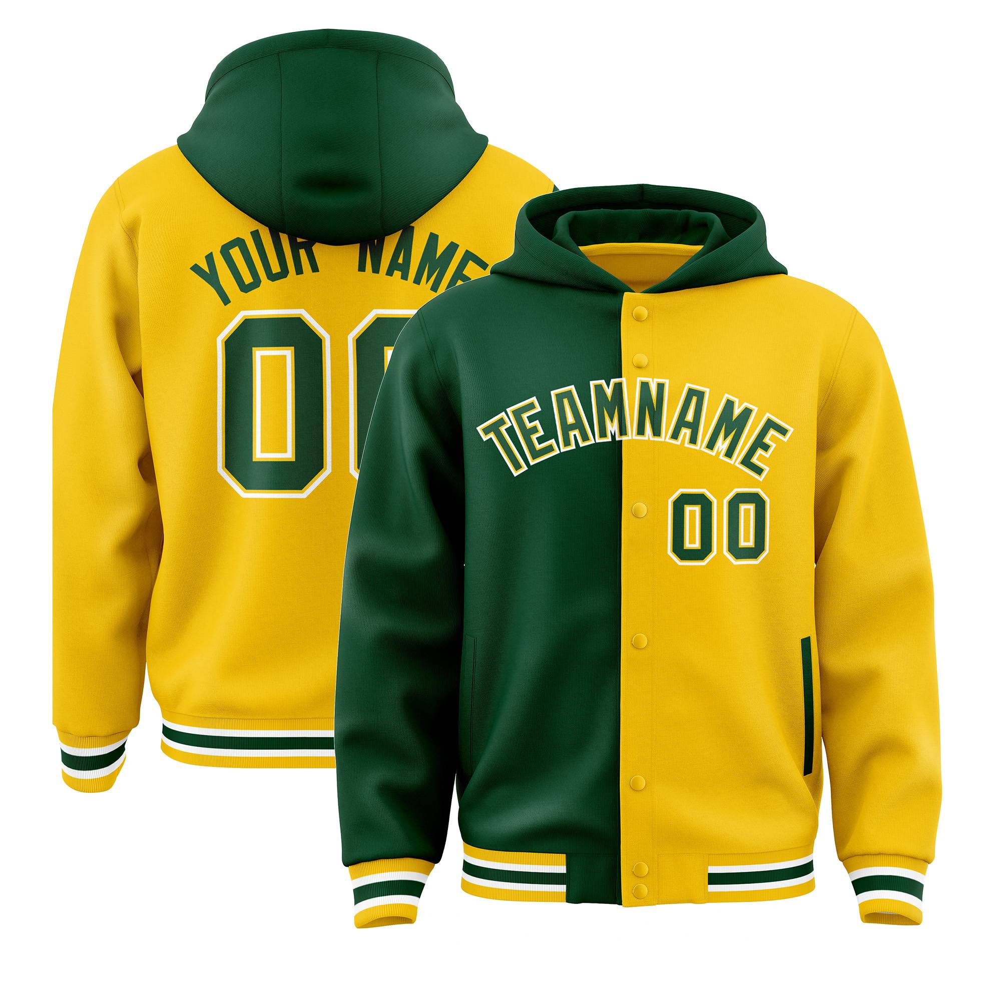 Custom Green Gold Split Fashion Varsity Full-Snap Letterman Two Tone Hoodie Jacket