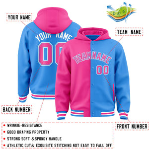 Custom Pink Powder Blue Split Fashion Varsity Full-Snap Letterman Two Tone Hoodie Jacket