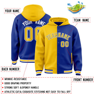 Custom Gold Royal Split Fashion Varsity Full-Snap Letterman Two Tone Hoodie Jacket