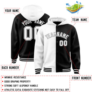 Custom White Black Split Fashion Varsity Full-Snap Letterman Two Tone Hoodie Jacket