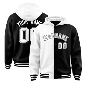 Custom White Black Split Fashion Varsity Full-Snap Letterman Two Tone Hoodie Jacket