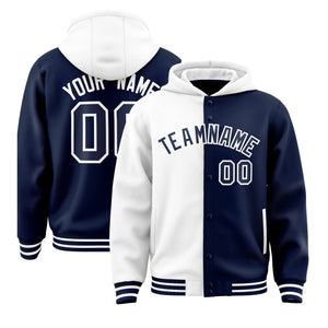 Custom White Navy Split Fashion Varsity Full-Snap Letterman Two Tone Hoodie Jacket