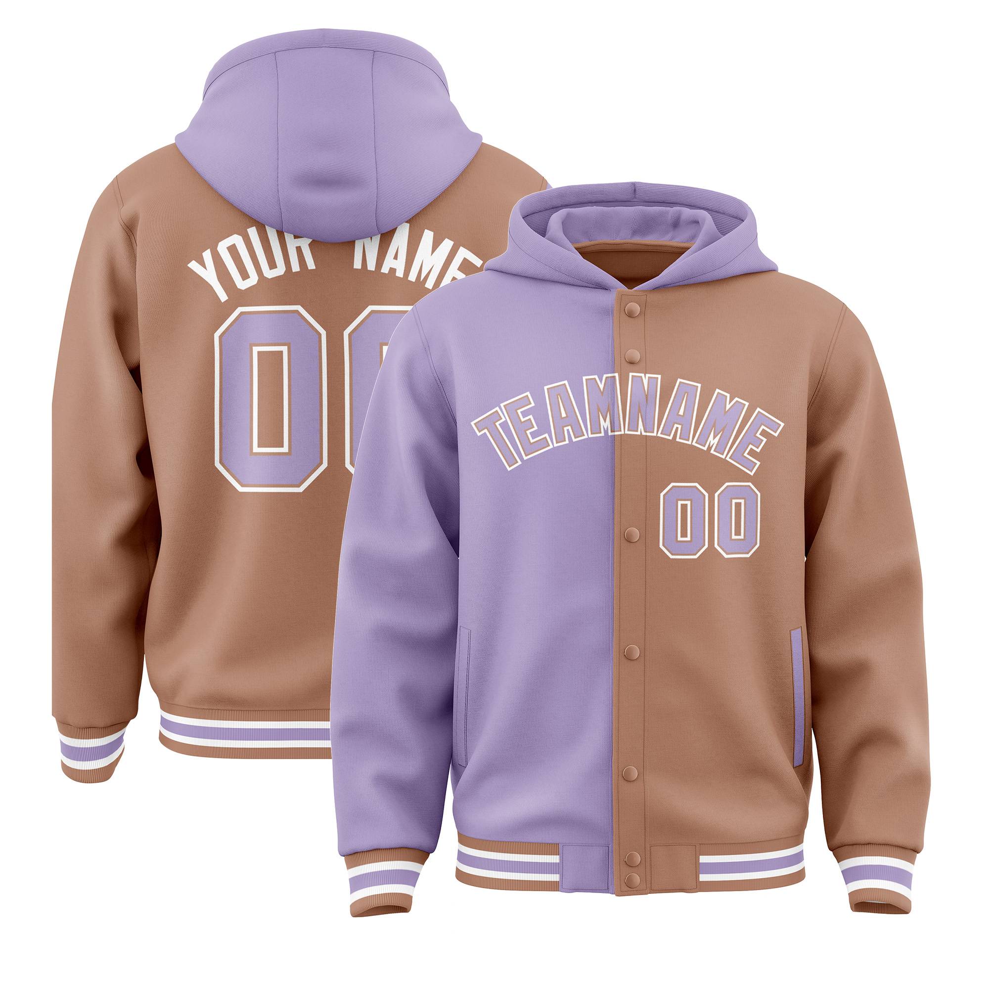 Custom Light Purple Light Brown Split Fashion Varsity Full-Snap Letterman Two Tone Hoodie Jacket