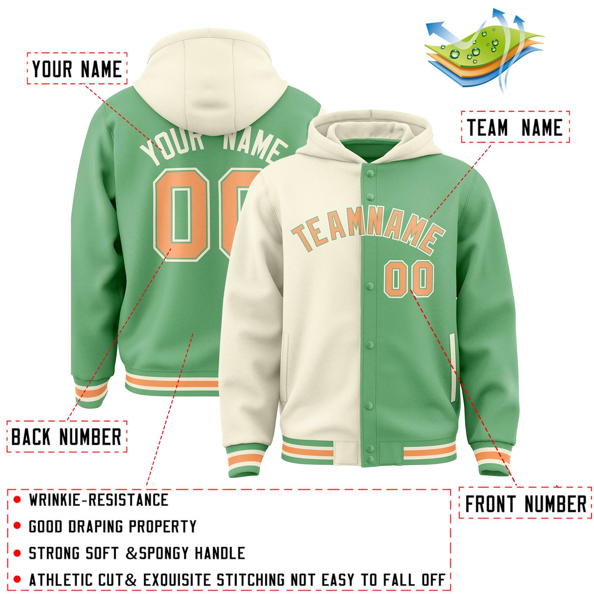 Custom Cream Green Split Fashion Varsity Full-Snap Letterman Two Tone Hoodie Jacket