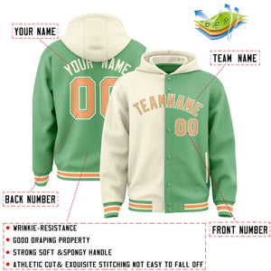 Custom Cream Green Split Fashion Varsity Full-Snap Letterman Two Tone Hoodie Jacket