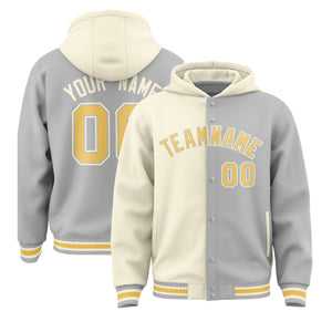 Custom Cream Gray Split Fashion Varsity Full-Snap Letterman Two Tone Hoodie Jacket