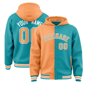 Custom Orange Aqua Split Fashion Varsity Full-Snap Letterman Two Tone Hoodie Jacket