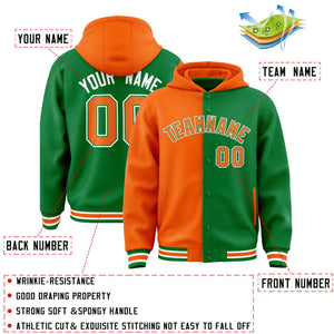 Custom Orange Kelly Green Split Fashion Varsity Full-Snap Letterman Two Tone Hoodie Jacket