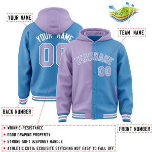 Custom Light Purple Powder Blue Split Fashion Varsity Full-Snap Letterman Two Tone Hoodie Jacket