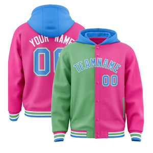 Custom Green Pink Split Fashion Varsity Full-Snap Letterman Two Tone Hoodie Jacket