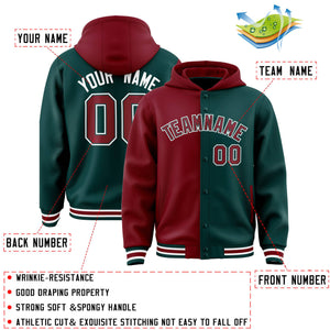 Custom Crimson Midnight Green Split Fashion Varsity Full-Snap Letterman Two Tone Hoodie Jacket