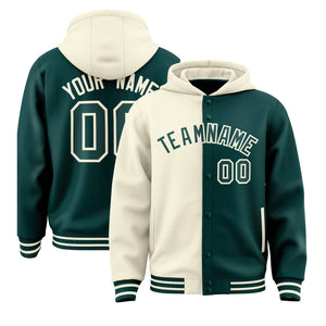 Custom Cream Midnight Green Split Fashion Varsity Full-Snap Letterman Two Tone Hoodie Jacket