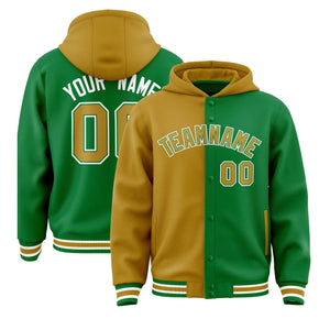 Custom Old Gold Kelly Green Split Fashion Varsity Full-Snap Letterman Two Tone Hoodie Jacket