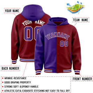 Custom Purple Crimson Split Fashion Varsity Full-Snap Letterman Two Tone Hoodie Jacket