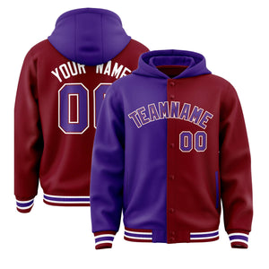 Custom Purple Crimson Split Fashion Varsity Full-Snap Letterman Two Tone Hoodie Jacket