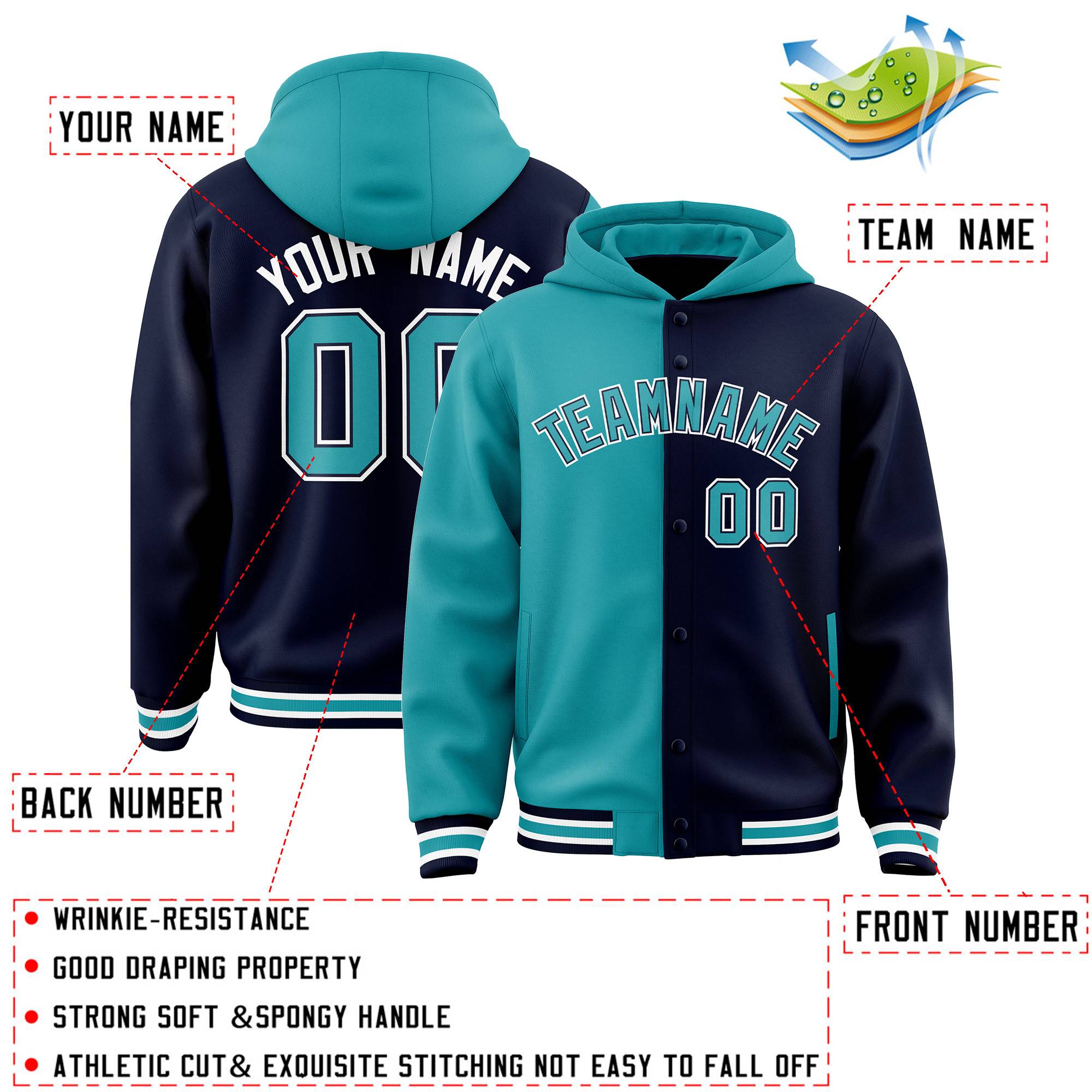 Custom Aqua Navy Split Fashion Varsity Full-Snap Letterman Two Tone Hoodie Jacket