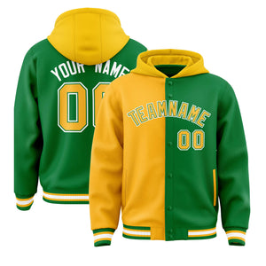 Custom Gold Kelly Green Split Fashion Varsity Full-Snap Letterman Two Tone Hoodie Jacket