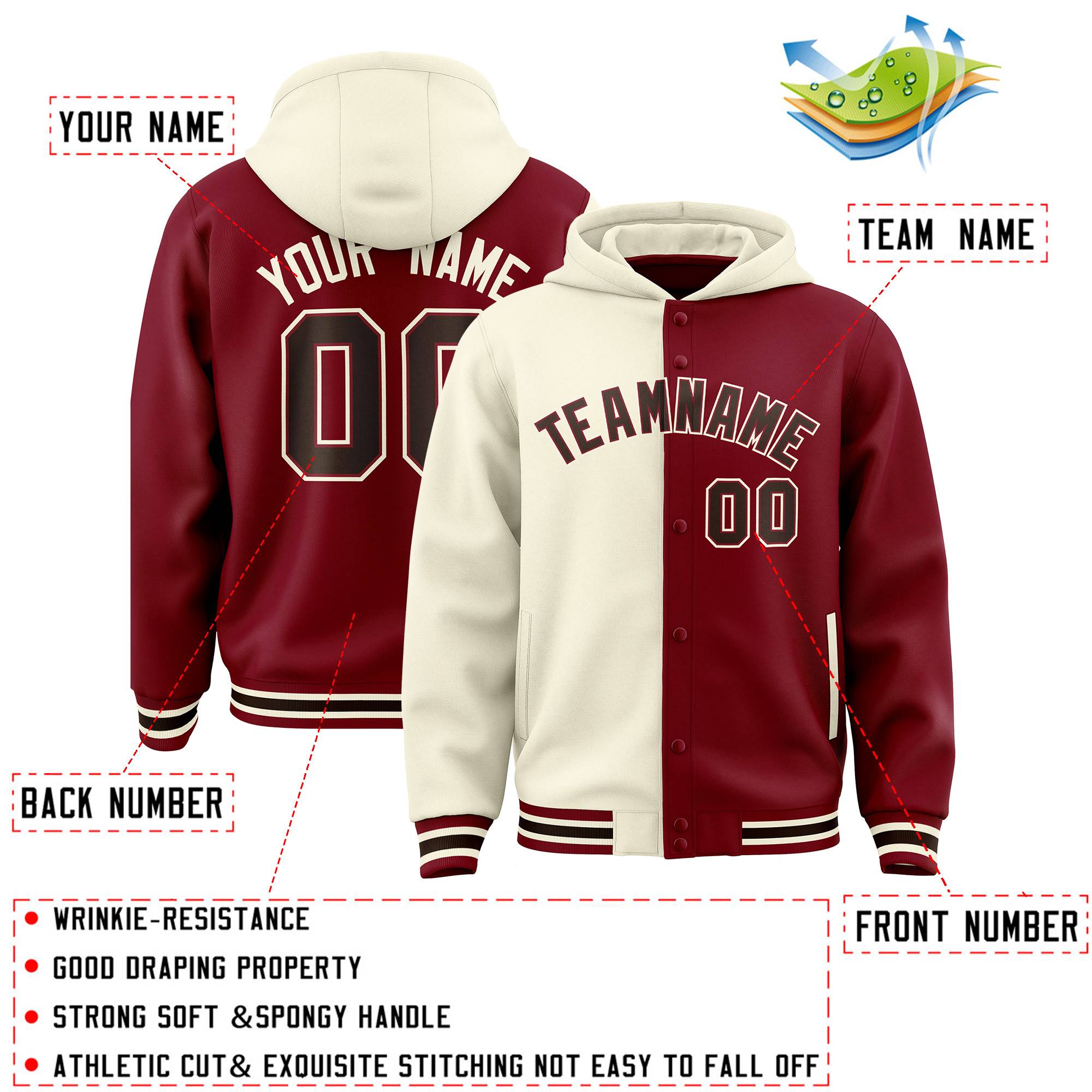 Custom Cream Crimson Split Fashion Varsity Full-Snap Letterman Two Tone Hoodie Jacket