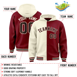 Custom Cream Crimson Split Fashion Varsity Full-Snap Letterman Two Tone Hoodie Jacket