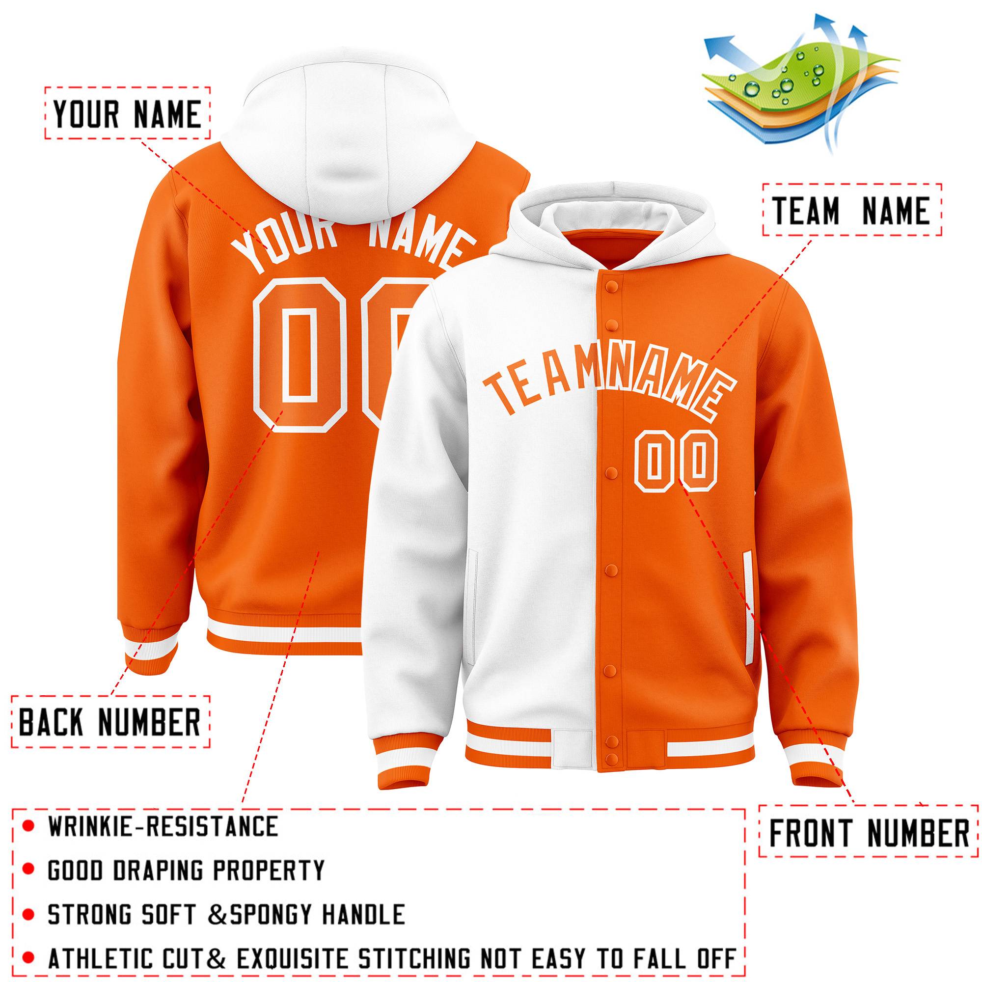 Custom White Orange Split Fashion Varsity Full-Snap Letterman Two Tone Hoodie Jacket