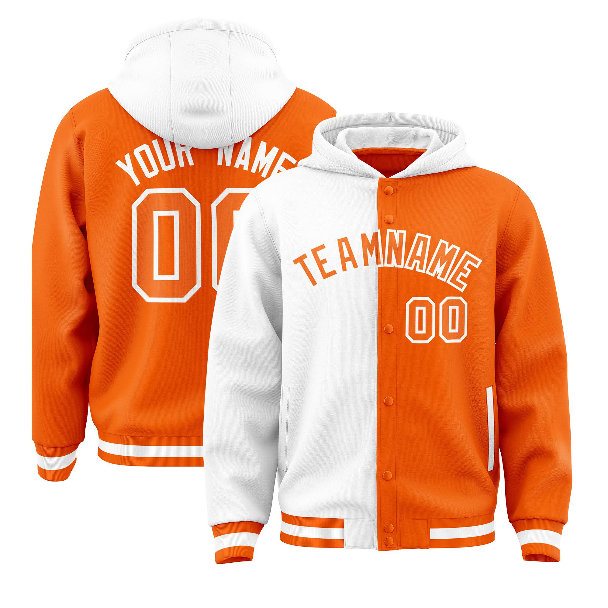 Custom White Orange Split Fashion Varsity Full-Snap Letterman Two Tone Hoodie Jacket