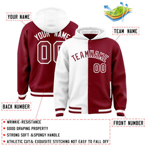 Custom White Crimson Split Fashion Varsity Full-Snap Letterman Two Tone Hoodie Jacket