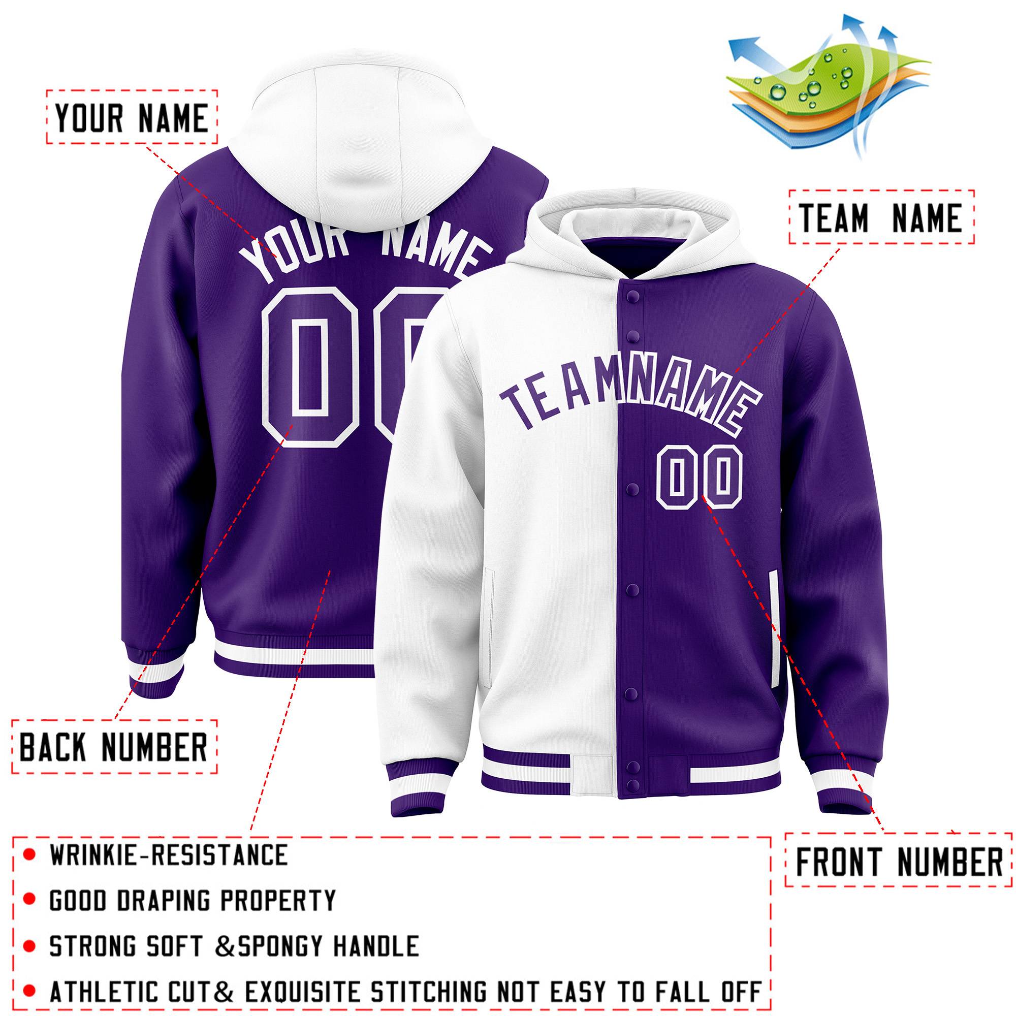 Custom White Purple Split Fashion Varsity Full-Snap Letterman Two Tone Hoodie Jacket