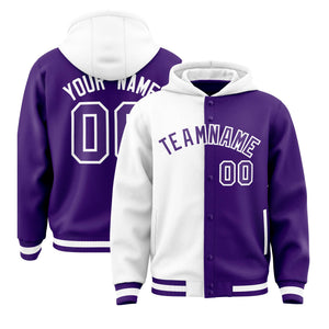 Custom White Purple Split Fashion Varsity Full-Snap Letterman Two Tone Hoodie Jacket