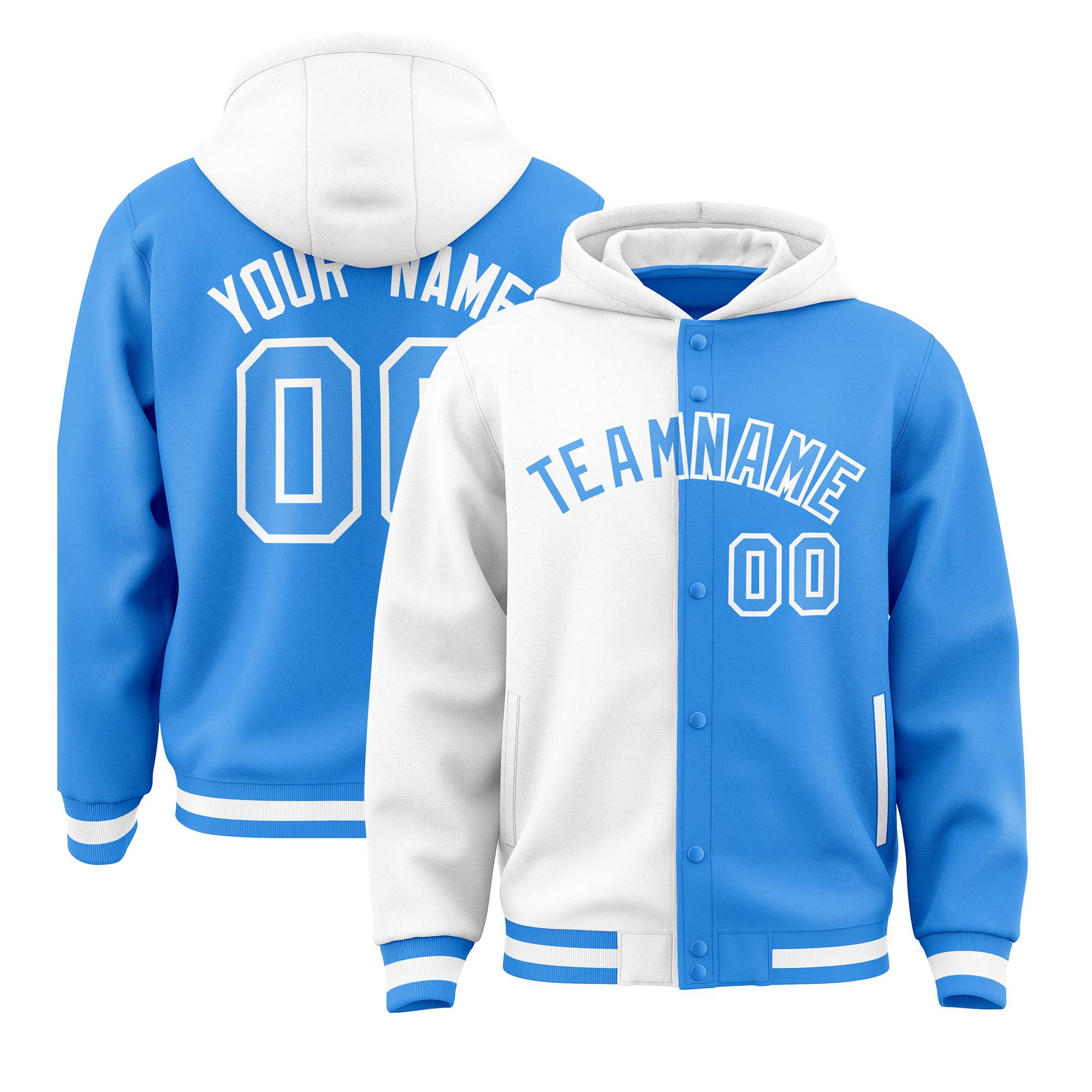 Custom White Powder Blue Split Fashion Varsity Full-Snap Letterman Two Tone Hoodie Jacket