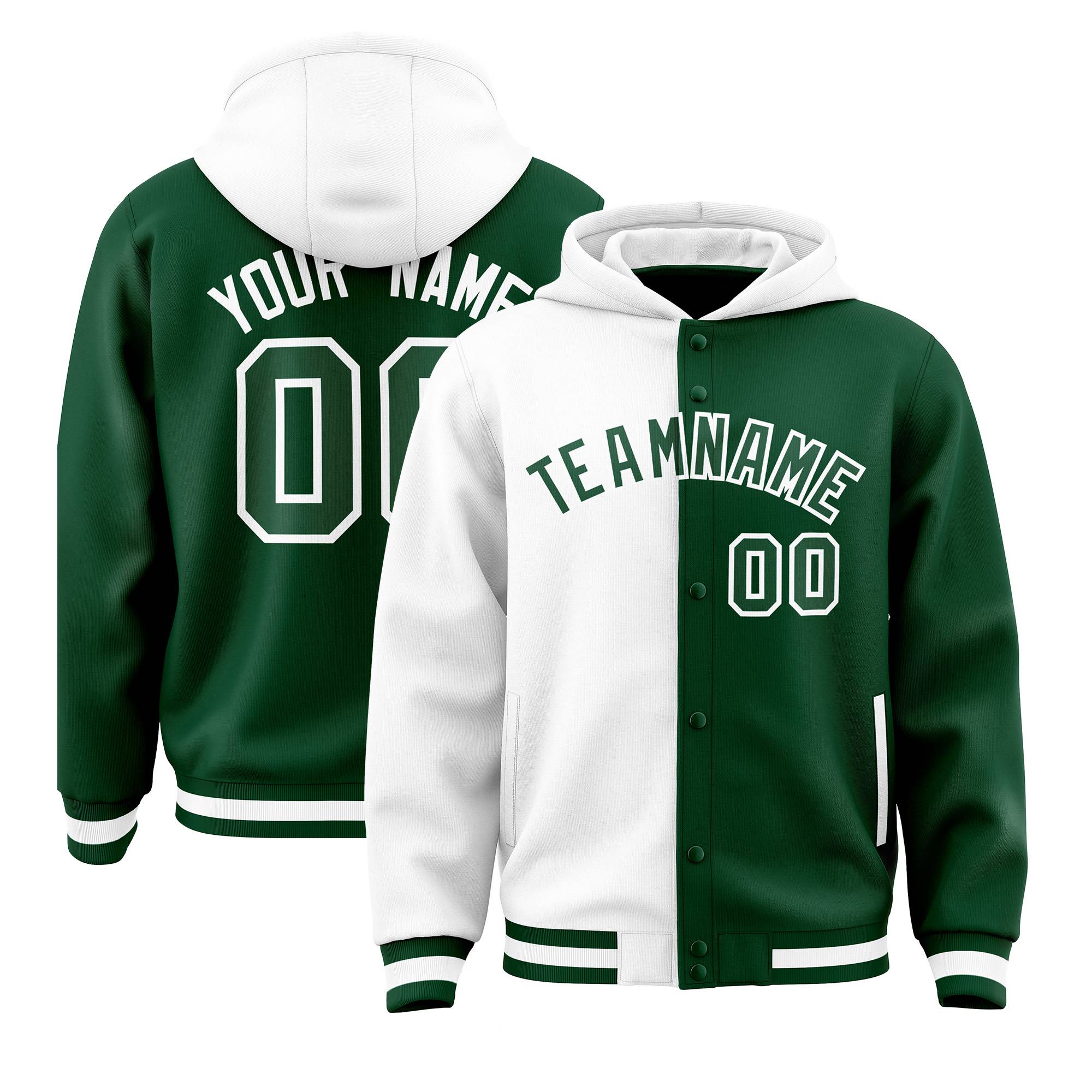 Custom White Green Split Fashion Varsity Full-Snap Letterman Two Tone Hoodie Jacket