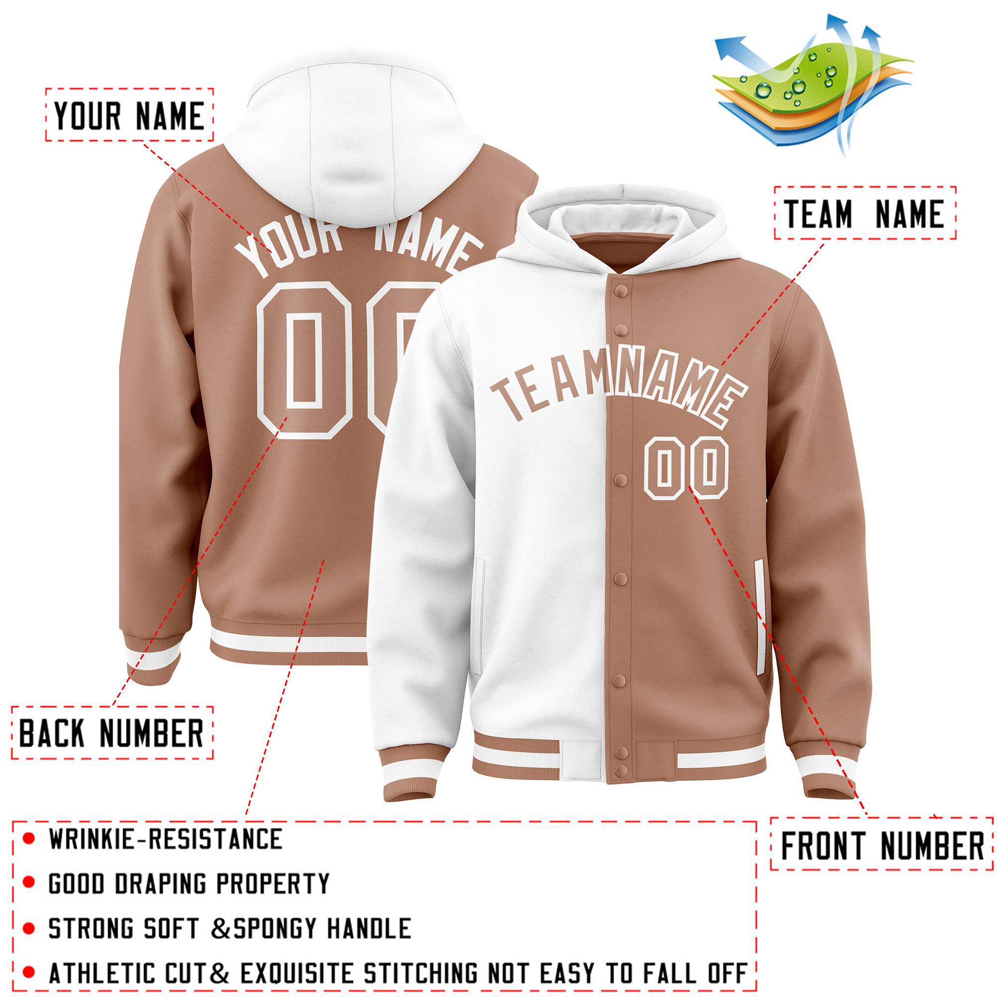 Custom White Light Brown Split Fashion Varsity Full-Snap Letterman Two Tone Hoodie Jacket