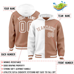 Custom White Light Brown Split Fashion Varsity Full-Snap Letterman Two Tone Hoodie Jacket