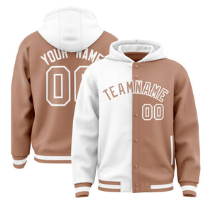 Custom White Light Brown Split Fashion Varsity Full-Snap Letterman Two Tone Hoodie Jacket