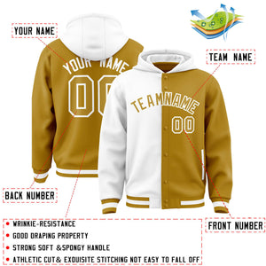 Custom White Old Gold Split Fashion Varsity Full-Snap Letterman Two Tone Hoodie Jacket