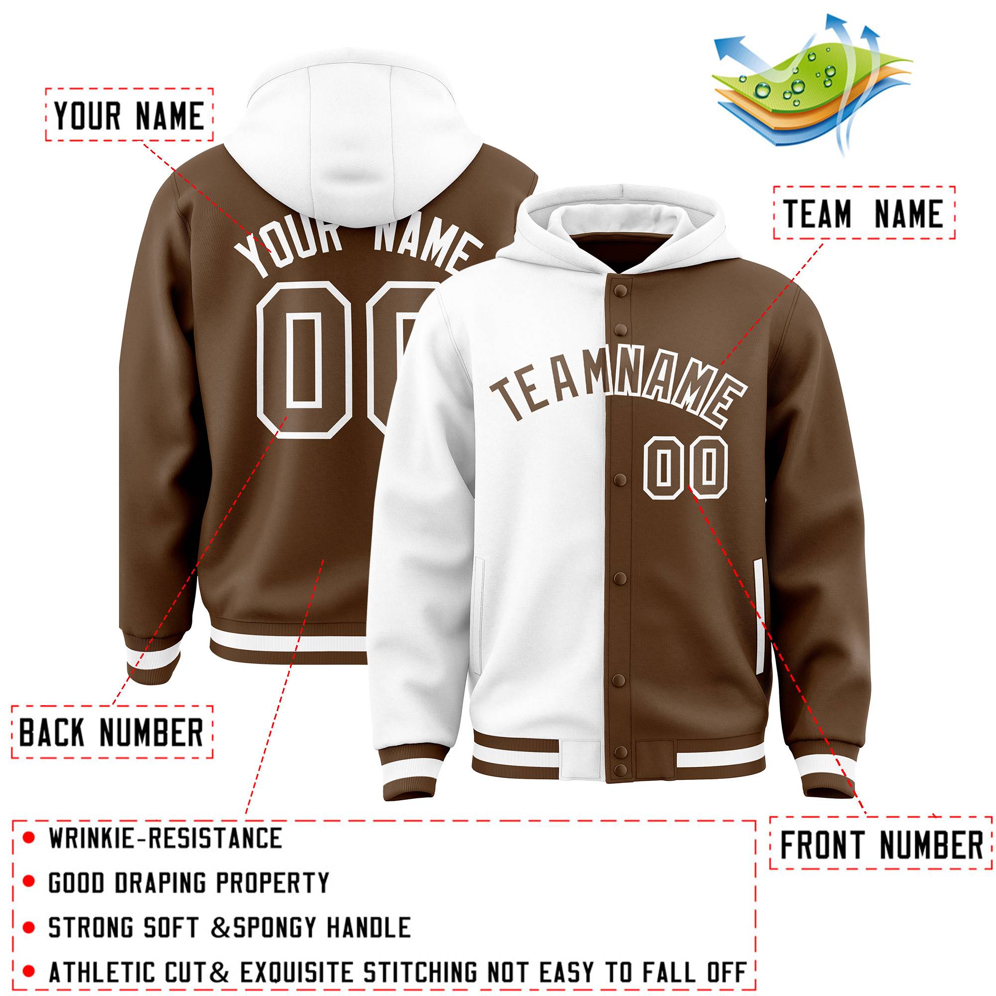 Custom White Light Brown Split Fashion Varsity Full-Snap Letterman Two Tone Hoodie Jacket