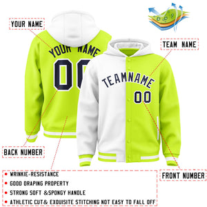 Custom White Neon Green Split Fashion Varsity Full-Snap Letterman Two Tone Hoodie Jacket