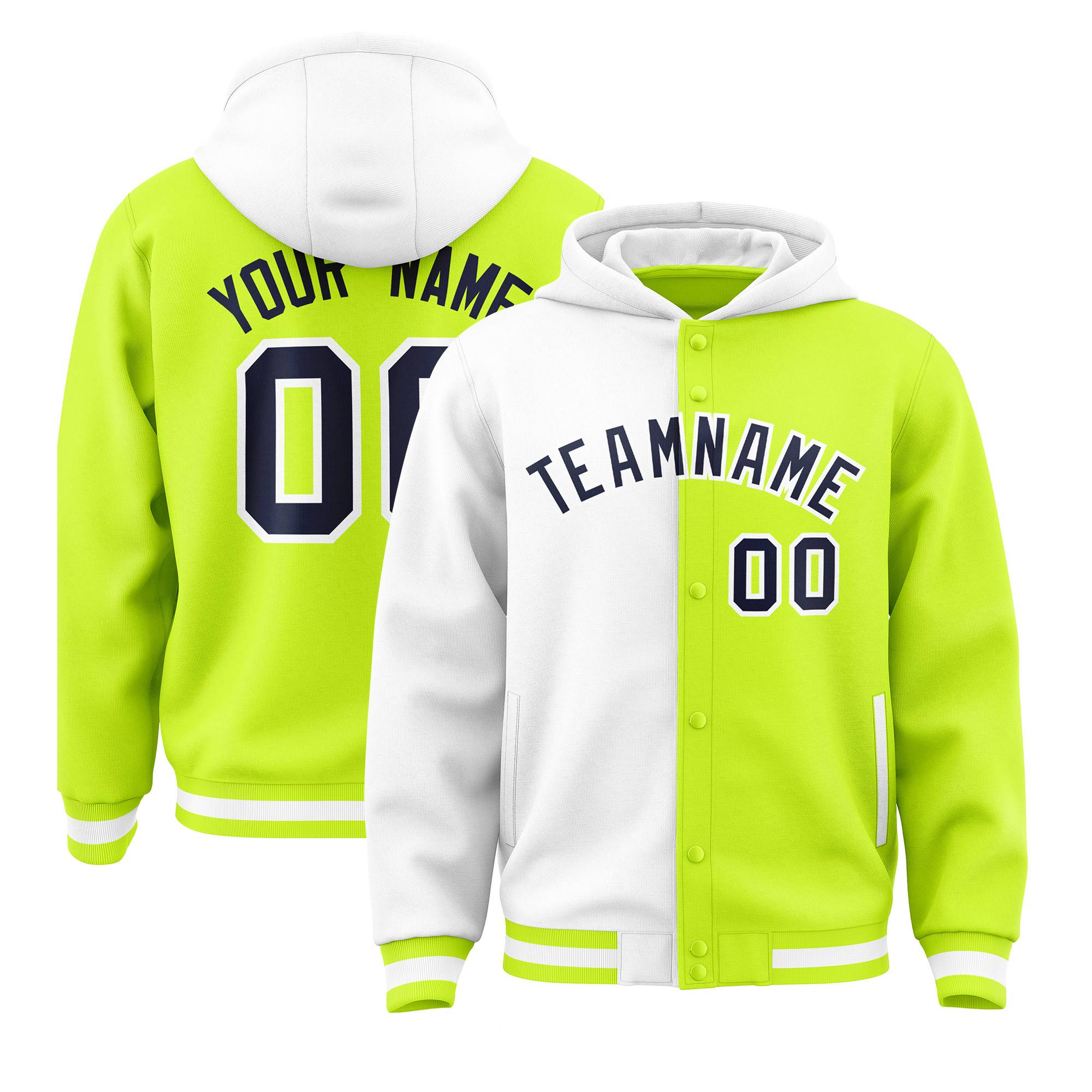 Custom White Neon Green Split Fashion Varsity Full-Snap Letterman Two Tone Hoodie Jacket