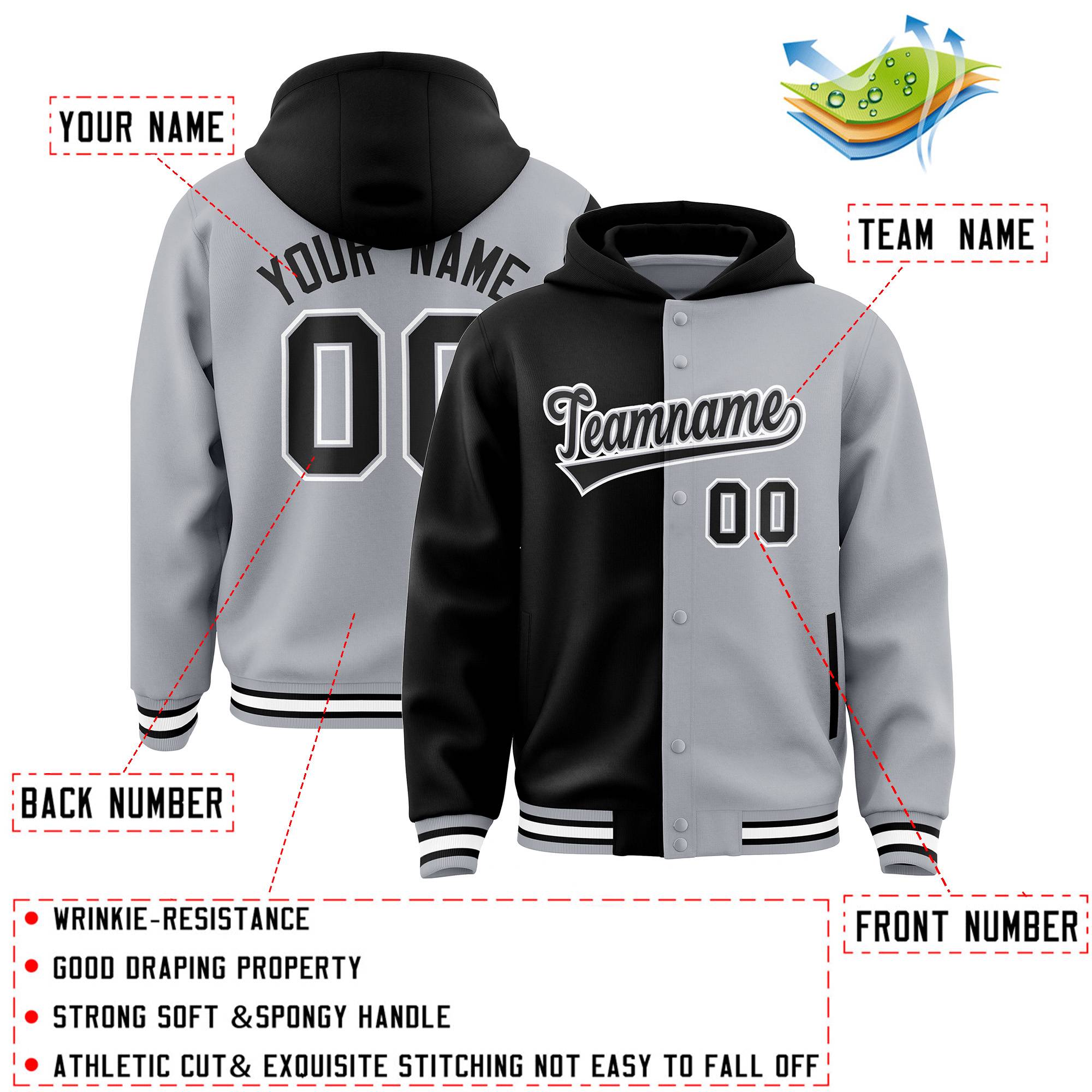 Custom Black Gray Split Fashion Varsity Full-Snap Letterman Two Tone Hoodie Jacket