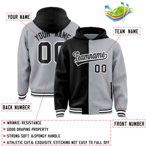 Custom Black Gray Split Fashion Varsity Full-Snap Letterman Two Tone Hoodie Jacket