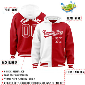 Custom White Red Split Fashion Varsity Full-Snap Letterman Two Tone Hoodie Jacket