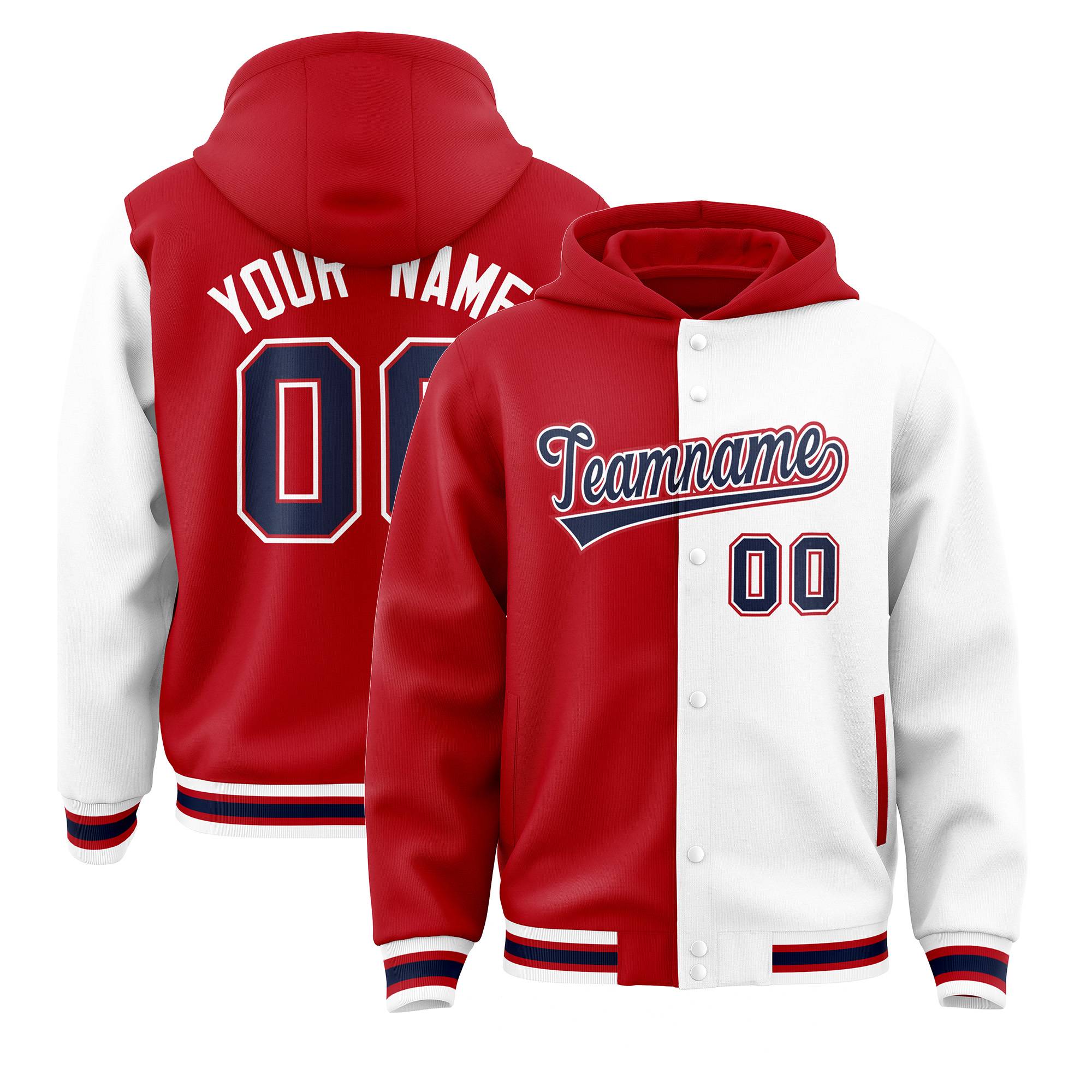 Custom Red White Split Fashion Varsity Full-Snap Letterman Two Tone Hoodie Jacket