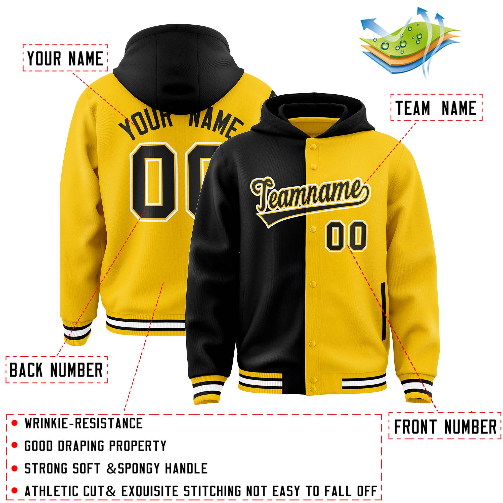 Custom Black Gold Split Fashion Varsity Full-Snap Letterman Two Tone Hoodie Jacket