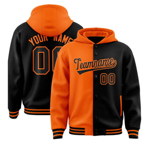 Custom Orange Black Split Fashion Varsity Full-Snap Letterman Two Tone Hoodie Jacket