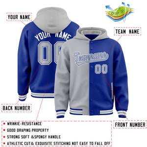 Custom Gray Royal Split Fashion Varsity Full-Snap Letterman Two Tone Hoodie Jacket