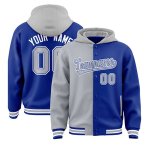 Custom Gray Royal Split Fashion Varsity Full-Snap Letterman Two Tone Hoodie Jacket