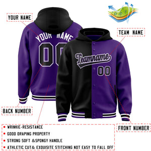 Custom Black Purple Split Fashion Varsity Full-Snap Letterman Two Tone Hoodie Jacket