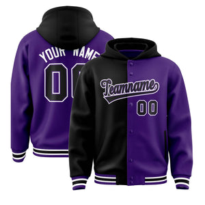 Custom Black Purple Split Fashion Varsity Full-Snap Letterman Two Tone Hoodie Jacket