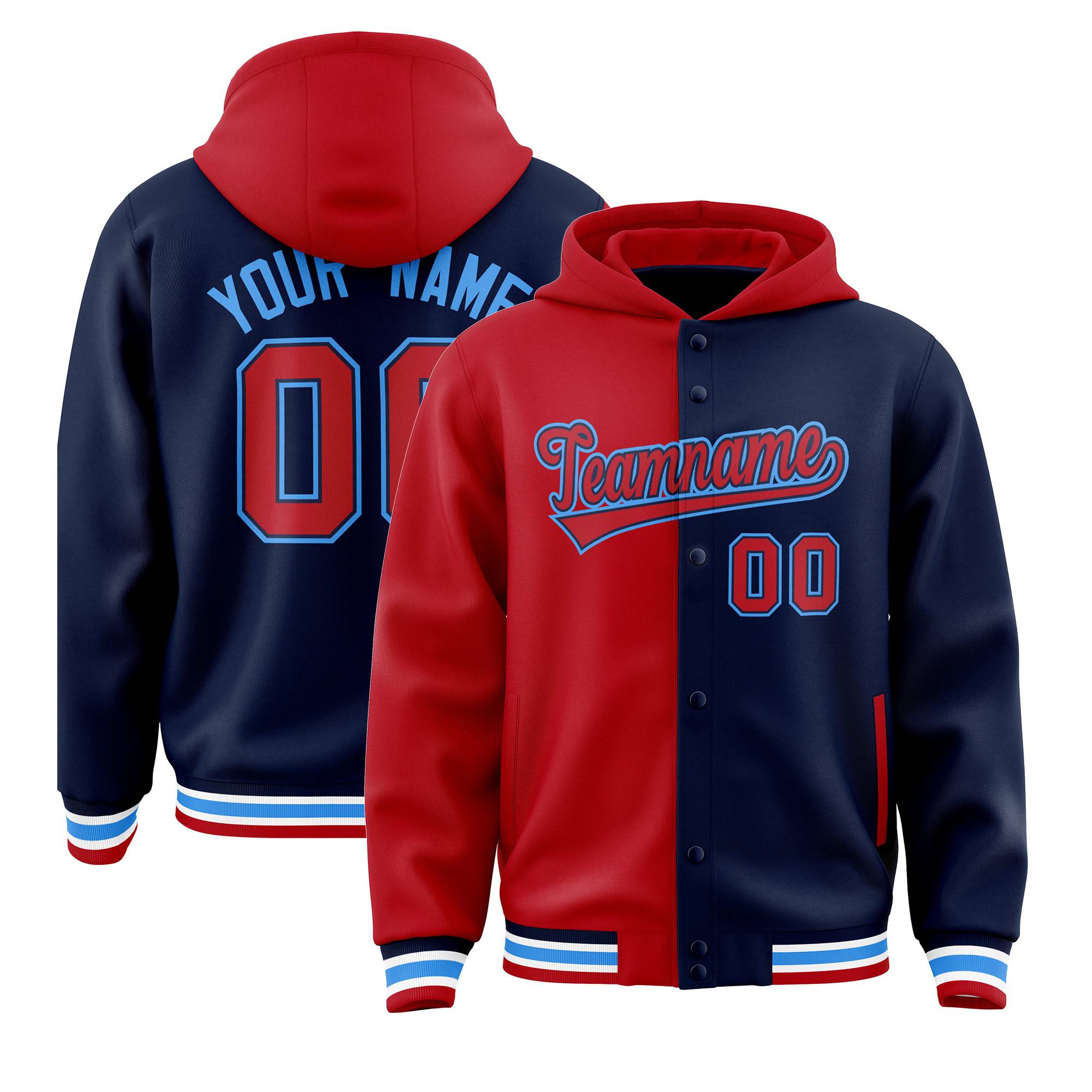 Custom Red Navy Split Fashion Varsity Full-Snap Letterman Two Tone Hoodie Jacket