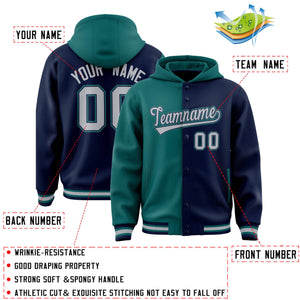 Custom Aqua Navy Split Fashion Varsity Full-Snap Letterman Two Tone Hoodie Jacket